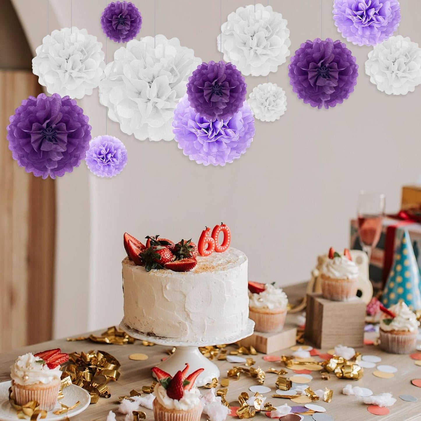 Tissue Paper Pom Poms, Purple White Tissue Paper Flowers, Hanging Flower Balls for Weddings Fiesta Parties Birthday Baby Showers Classroom Bridal Shower Decoration (18Piece Set-6/10/12/14Inch)