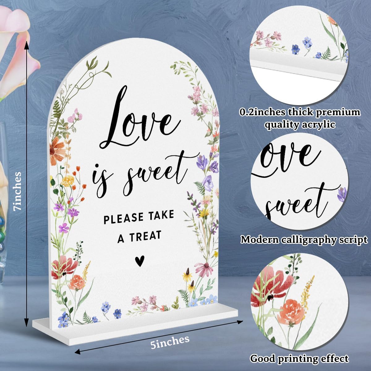 Acrylic Wedding Signs, Love is Sweet Signs for Marriage Reception, Bridal Shower Decorations, Modern Arched Round Top Acrylic Table Top Sign with Holder for Wedding Party Dinner (White Wildflowers)