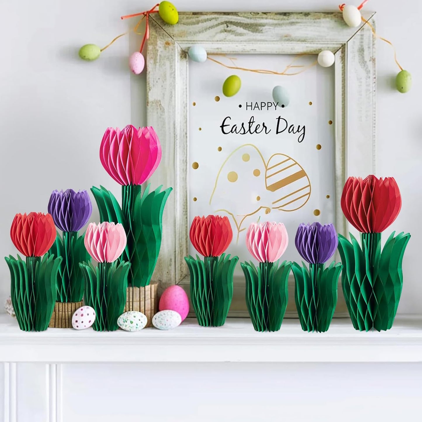 SUNBEAUTY 8 PCS Flower Honeycomb Decoration - Red Tulip Decor for Mother's Day and Spring - Table Centerpieces