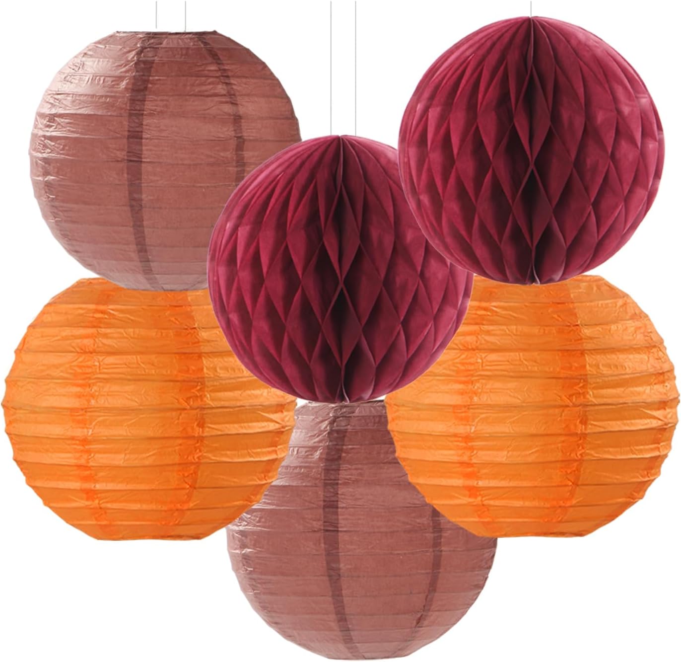 Fall Boho Baby-Shower Party-Decorations Streamers-Lanterns - 14pc Autumn Harvest Brown Orange Burgundy Paper Fan,Rustic Birthday Wedding Bridal Tissue Pom Poms,Honeycomb Balls,Engagement Decor Ouruola