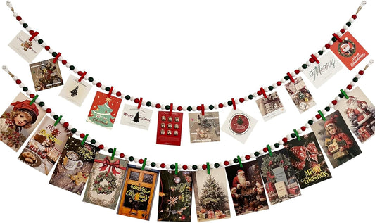2PCS Christmas Hanging Photo Display with 12 Clips, Wooden Bead Garland, Photo Frame Decoration for Dorms, Classrooms, Bedrooms, Hanging Display Card Holder