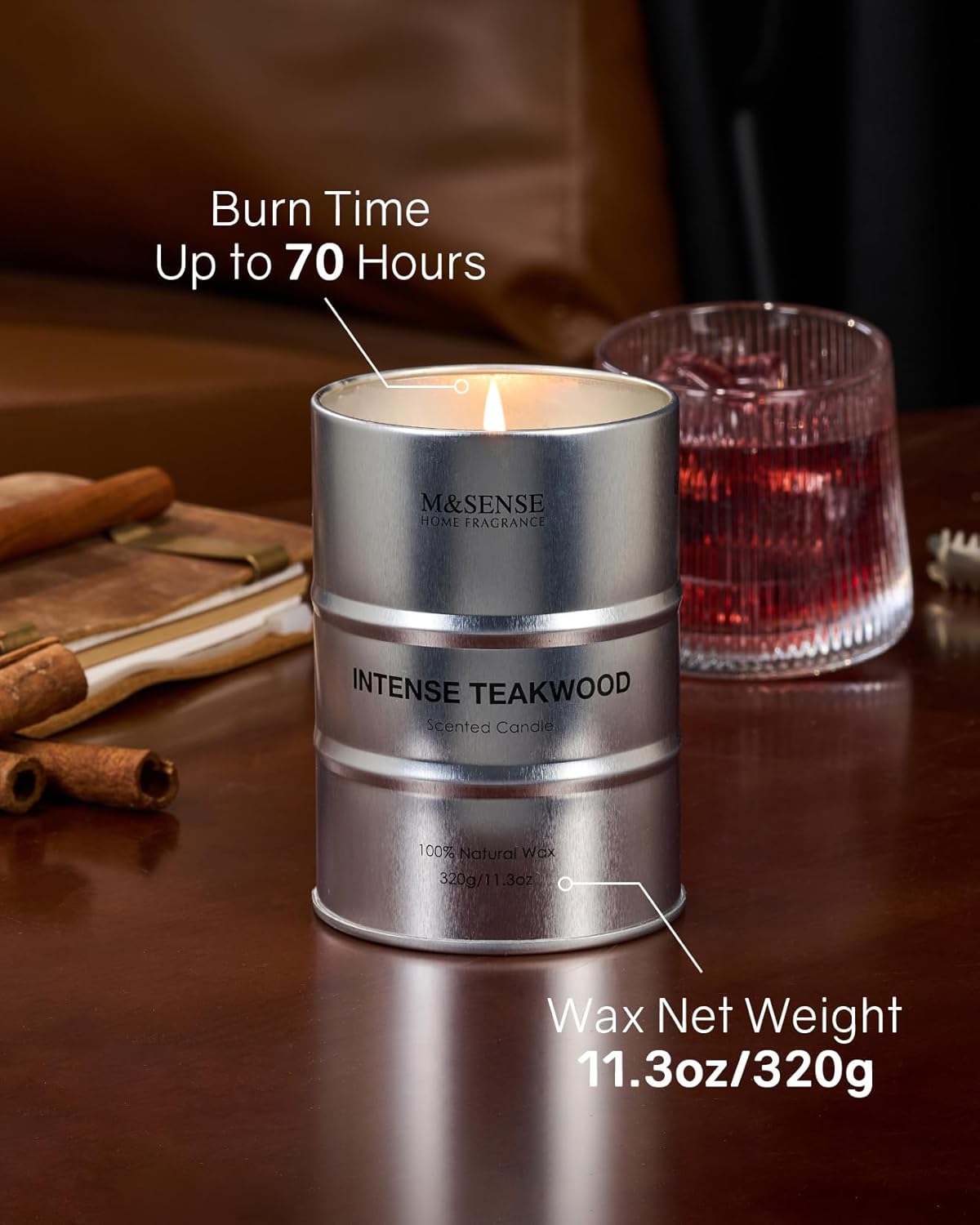 M&SENSE Scented Candle, Teakwood Medium Jar Candle Gifts for Men, 70 Hours Slow Burning Natural Soy Candles 11.3oz, Stress Relief Aromatherapy Candles Home Decor, Valentines Day Gifts for Him