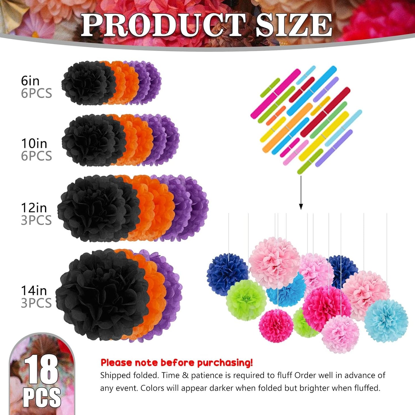 Tissue Paper Pom Poms, Black Orange Purple Tissue Paper Flowers, Hanging Flower Balls for Weddings Fiesta Parties Birthday Baby Showers Classroom Bridal Shower Decoration (18Piece Set-6/10/12/14Inch)