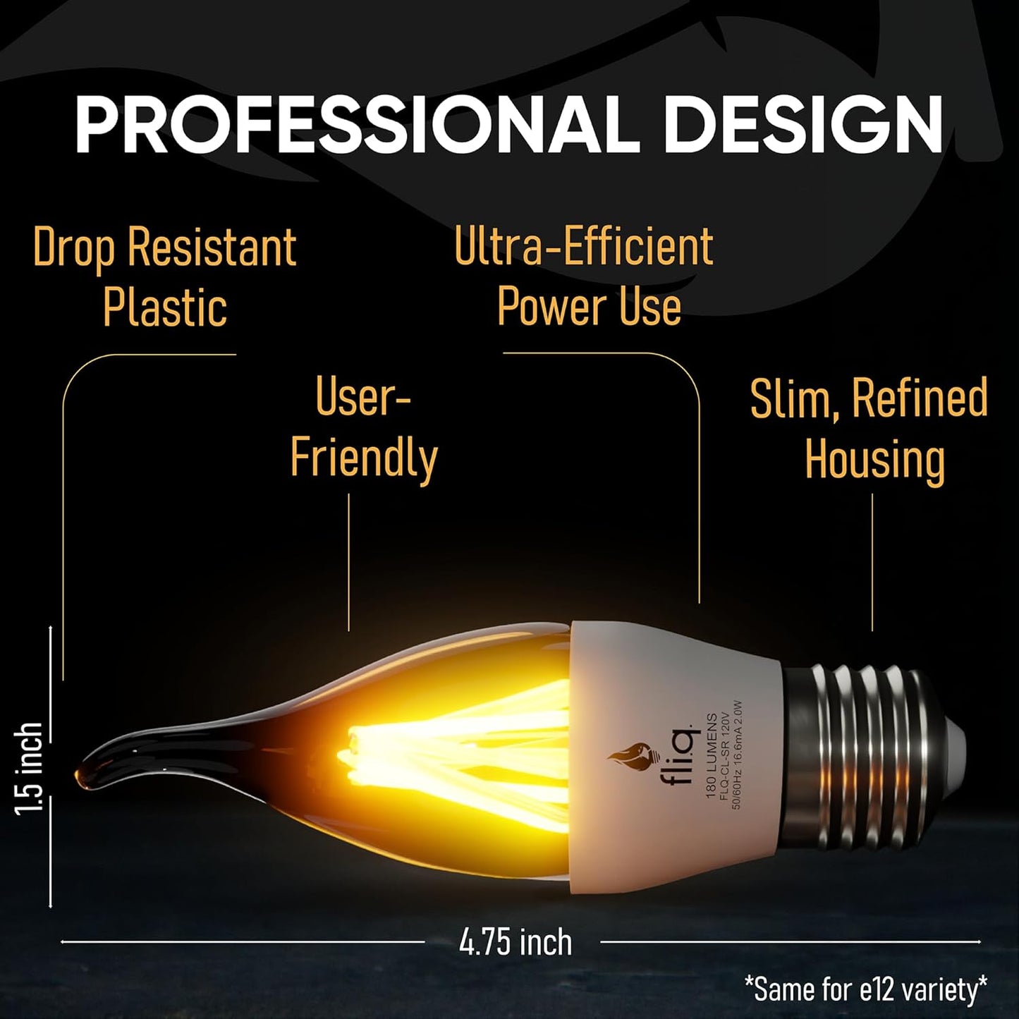 Fliq | LED Flame Light Bulb | 2 Pack | 2W | 4 Modes | Flickering Flame Bulb | 2023 Release | (Mini Clear E12)