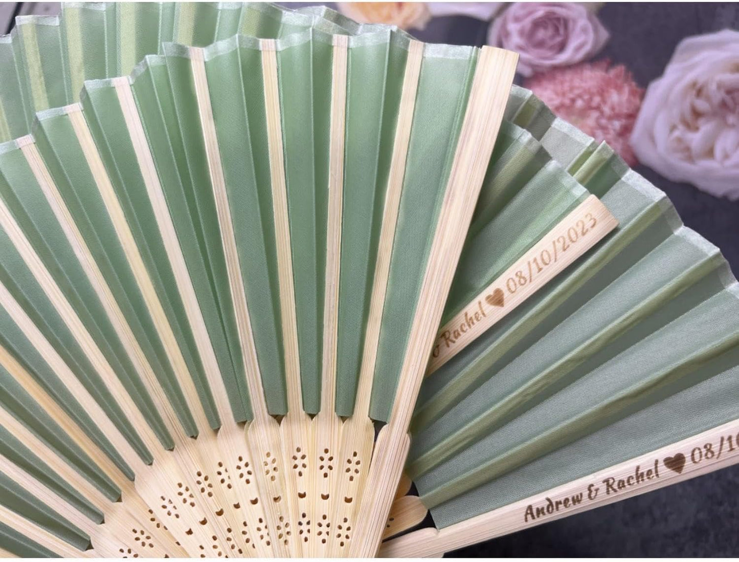 Personalized Wedding Fans Handheld Folding Fans(50Pcs) - Custom Engraved Green Silk Fans for Bridal Shower Favor/Baby Shower Favor, Birthdays Party Gifts/Gifts for Party Guests