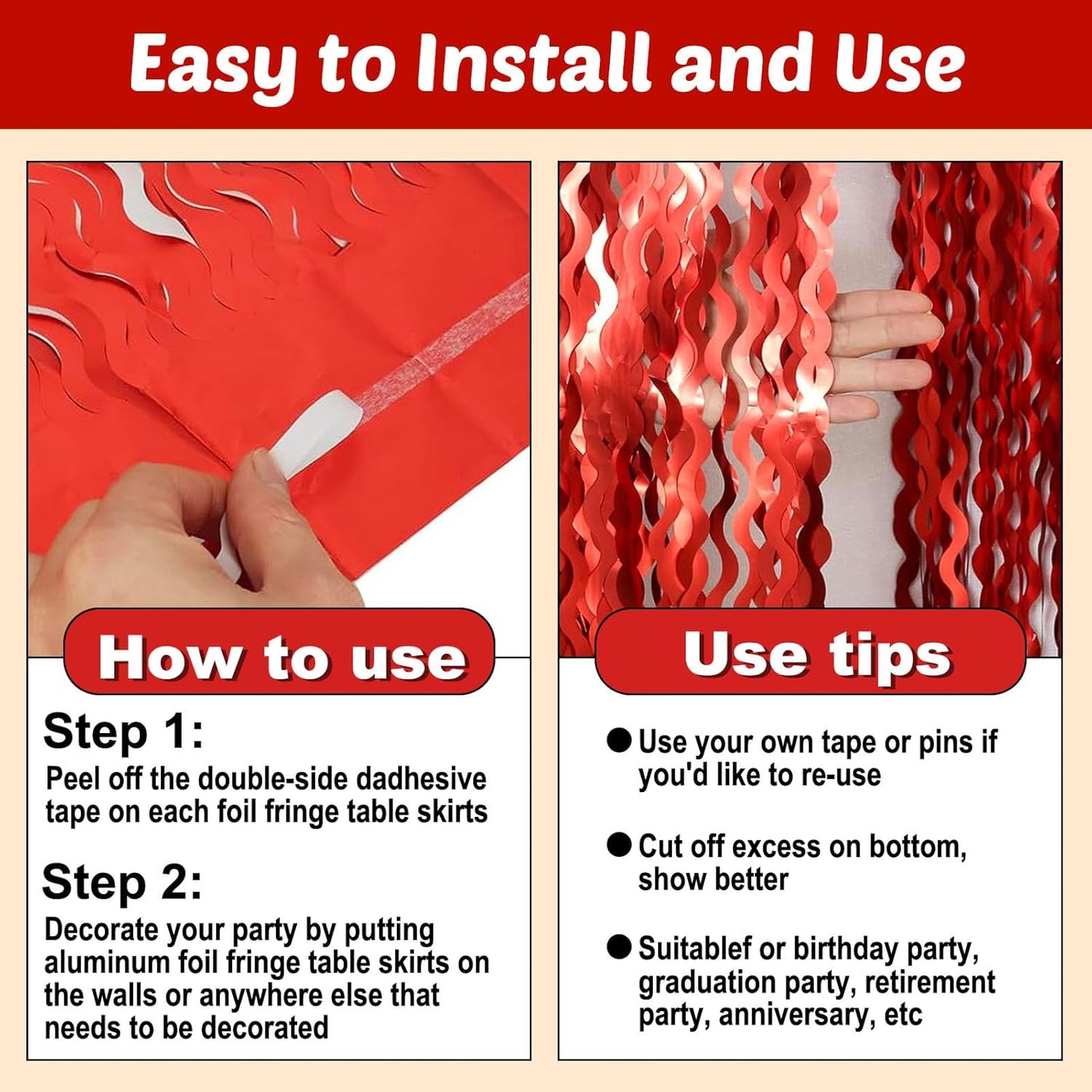 6 Pack 29x108 Inch Red Wave Foil Fringe Table Skirts Metallic Banner for Tinsel Streamer Garland Backdrop for Parade Floats Wedding, Mother's Day, Birthday Mardi Gras Party Decorations