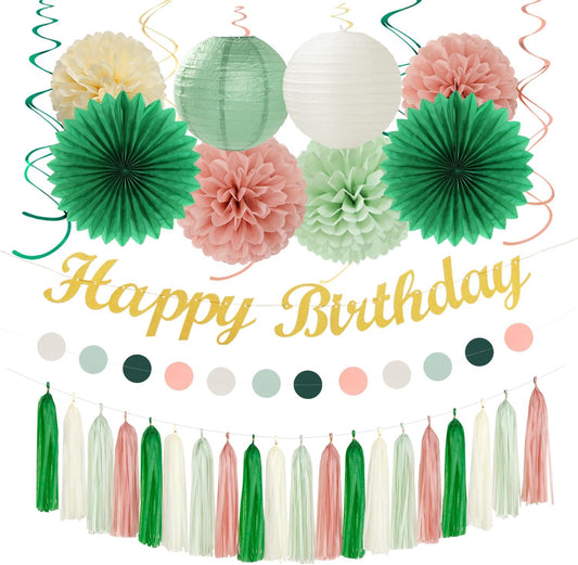 Olive Sage-Green Beige Happy-Birthday Party-Decorations - 31pcs Women Girls Adults Paper Lanterns Streamers Banner,Tissue Pom Poms Decor,Flower Fans Tassels Graland Boho Neutral Supplies Hugmoon