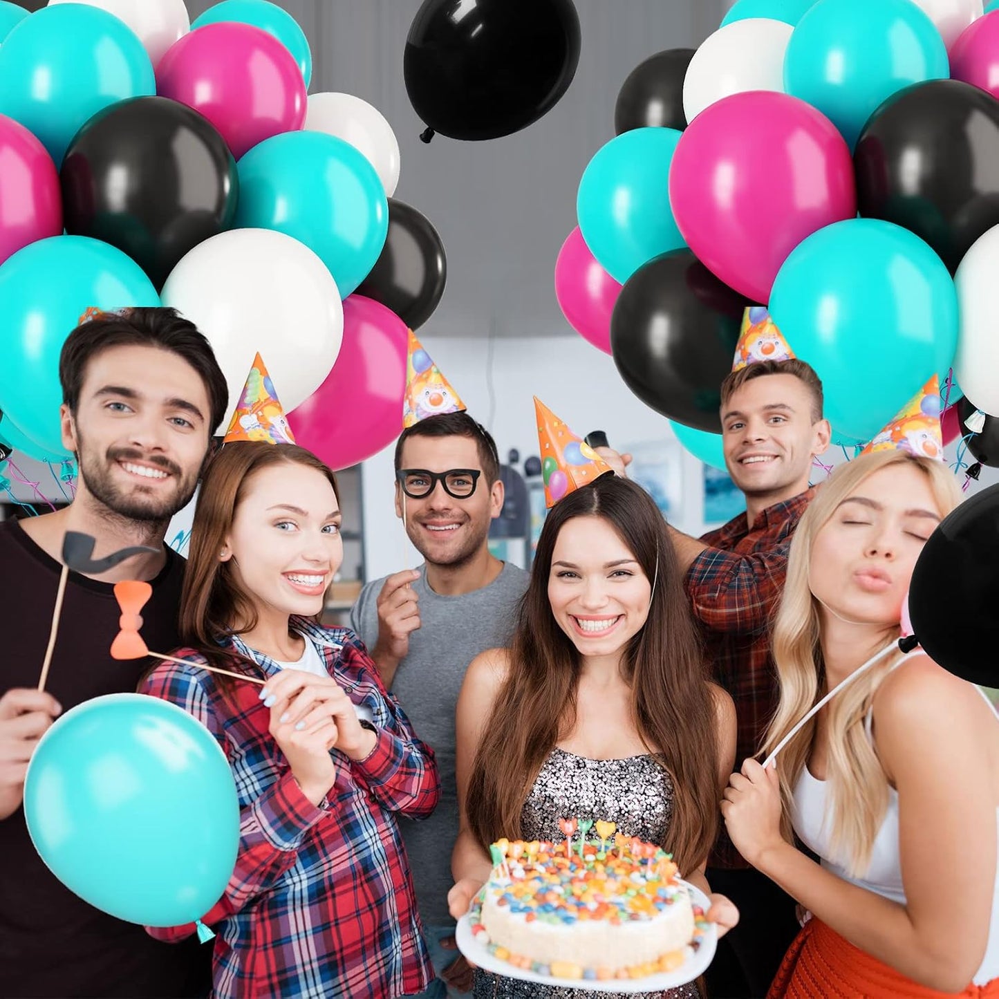 Paready Disco Music Party Balloons, 30 Pcs 12 Inch Hot Pink Black Blue and White Latex Balloons with Ribbons for 80s 90s Disco Music Party Hip Hop Theme Party Birthday DJ Short Video Party Decoration