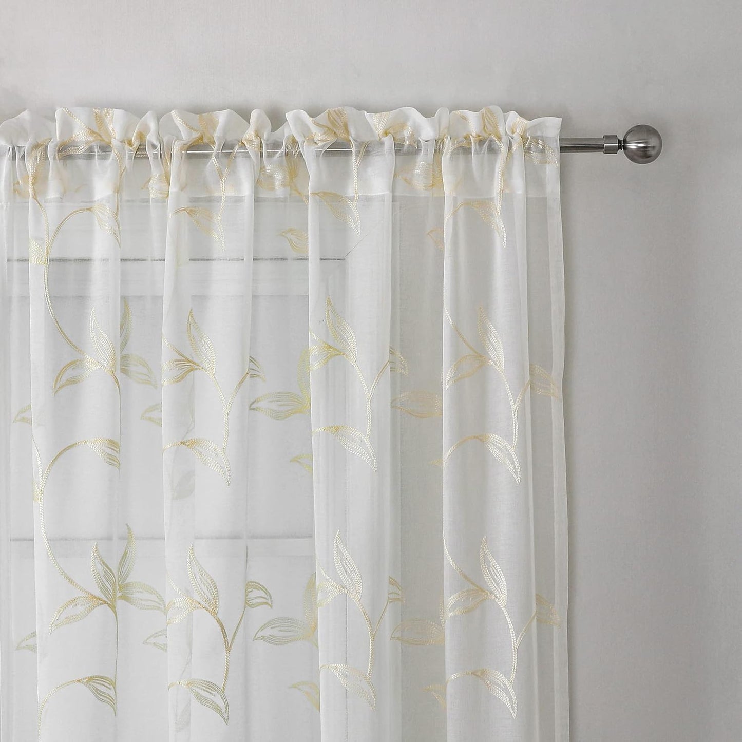 VISIONTEX Sheer Curtains 84 inch Length 2 Panels Set, White Voile Crushed Cream Vine Leaves Embroidery, Rod Pocket Embroidered Window Drapes for Living Room and Bedroom, 54" x 84"