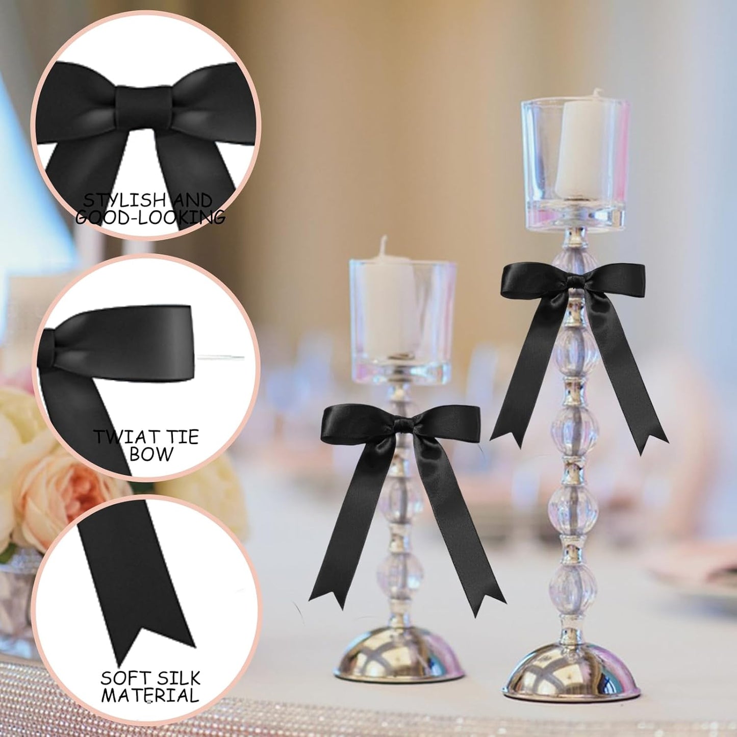 30Pcs Satin Ribbon Black Bows 5x7 Inch Twist Tie Bow for Gift Wrapping Champagne Bottle Cake Treat Bag Craft DIY Gift Christmas Birthday Party Balloons & Garland Home Decor