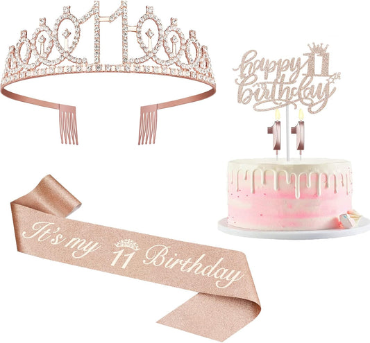11th Birthday Decorations for Girl with Sash and Tiara, Numeral Candle and Cake Topper, 11 Year Old Birthday Decorations Gifts, Rose Gold Party Favor Supplies