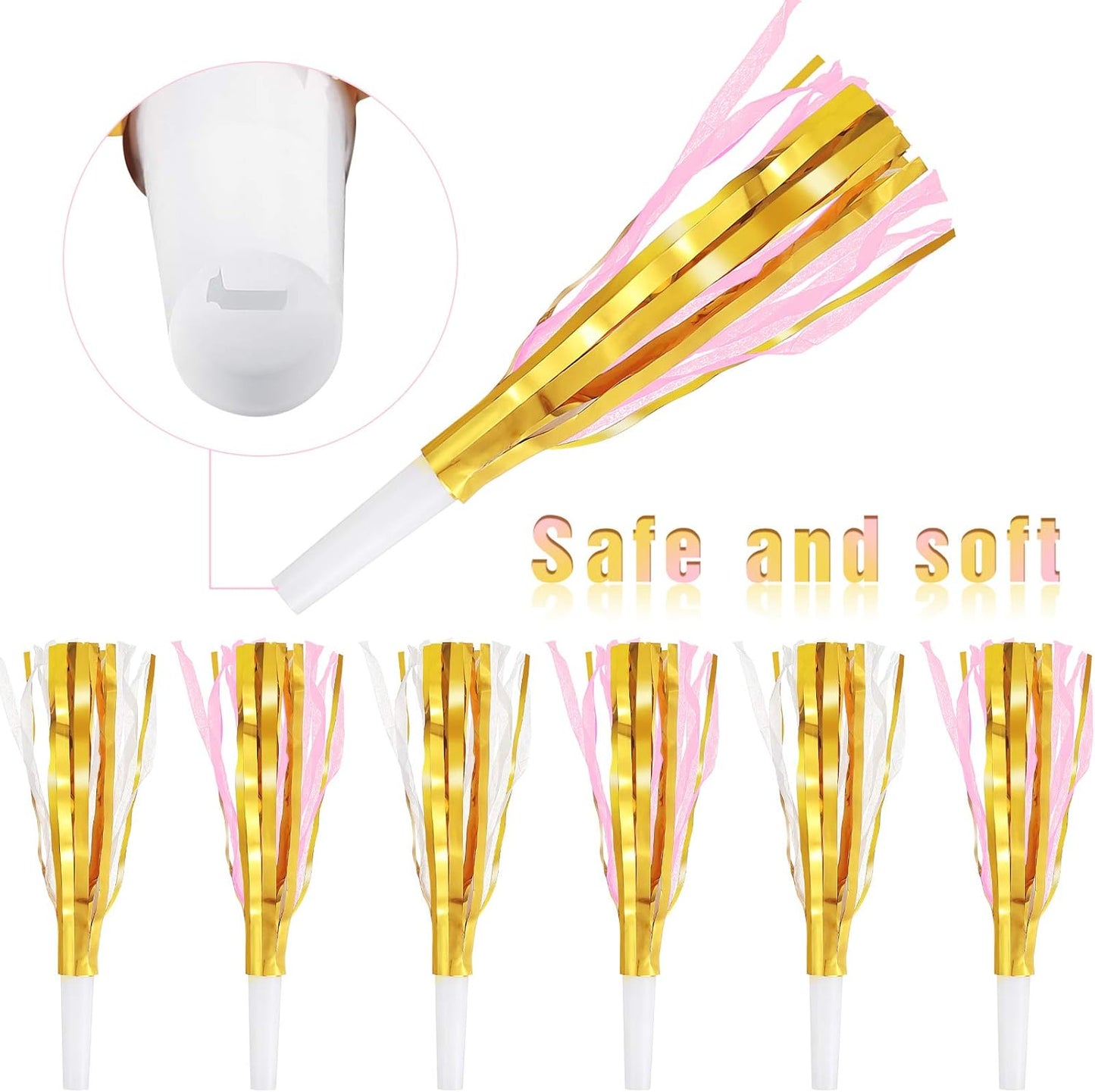 24 Pieces Gold Noise Makers Glitter Metallic Fringed Party Blowers Pink Musical Blowouts Whistle Adults Blower Horns for Birthday Baby Shower New Year Eve Party Favor Supplies Decoration