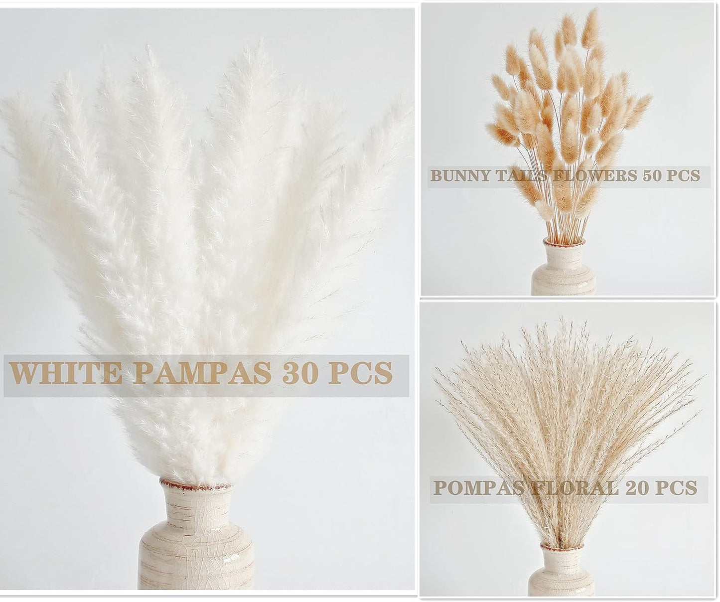 Natural Dried Pampas Grass Decor, White Pampas Grass， Bunny Tails Dried Flowers, Reed Grass Bouquet for Wedding Boho Flowers Home Table Decor, Rustic Farmhouse Party (100 in Total )