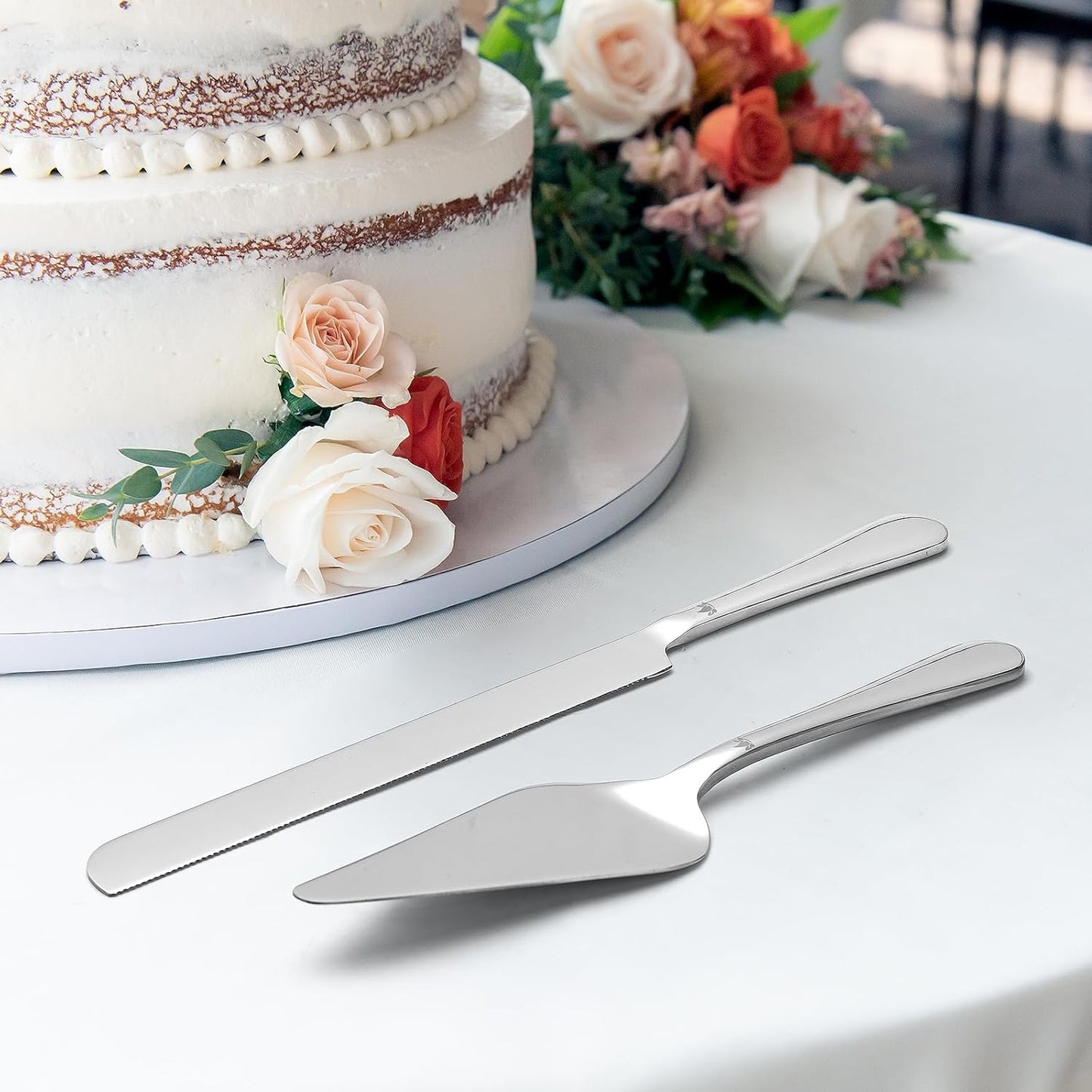 Cake Cutting Set for Wedding - Extended Cake Knife And Server Set Thickened Stainless Steel Cake Cutter and Pie Spatula Great for Birthday Anniversary Christmas Gift Silver 2 Pcs