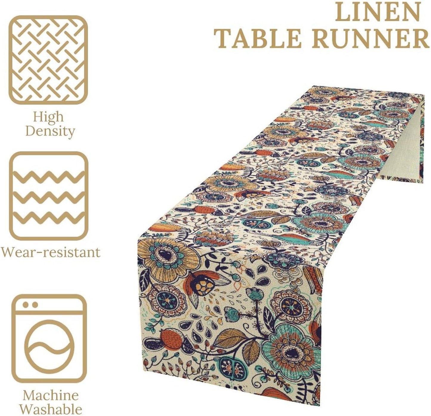 Boho Floral Table Runner,Vintage Flowers Tropical Plants Country Style Table Cloth Kitchen Dining Table Home Party Decoration 13x108 Inch