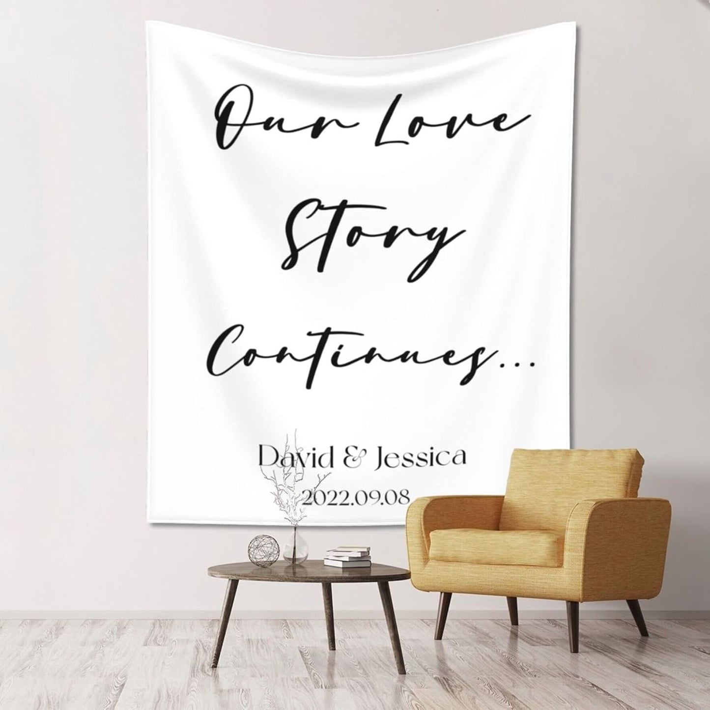 Our Love Story Continues Backdrop Custom Tapestry with Names and Date Personalized Calligraphy Banner for Ceremony Rustic Wedding Sign Reception Arch