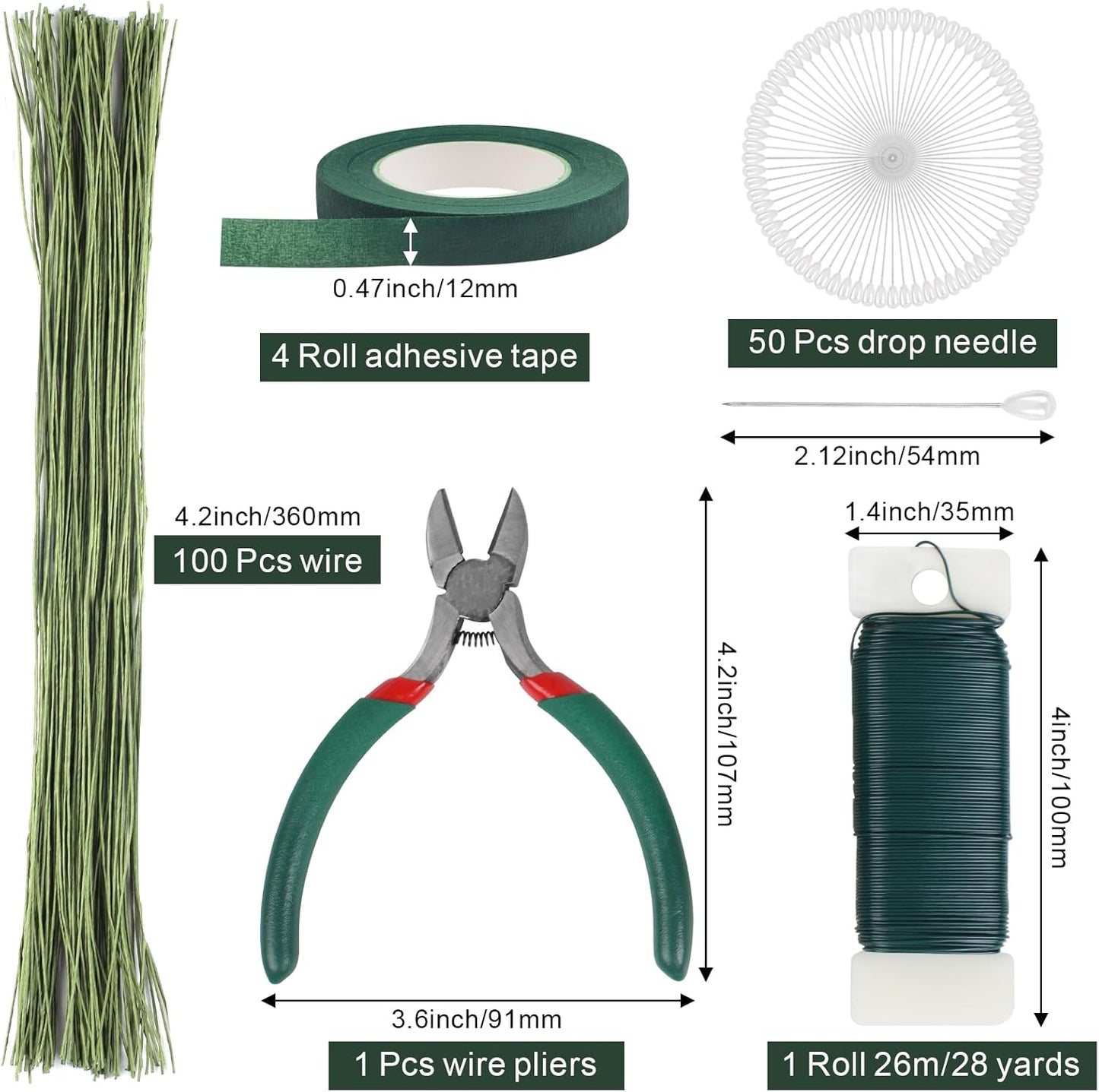 DSUWAZU Floral Tape and Wire Arrangement Tools Kit, Green Tape, Boutonniere Pin for Bouquet Stem Wrap, Florist and Wreath Making Supplies