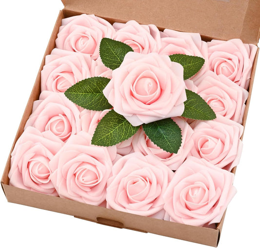 BLEUM CADE 16Pcs Artificial Flowers Fake Roses with Stems, Pink Boxed Foam Roses for DIY Bouquets Centerpieces Wedding Party Arrangement Bridal Shower Decor