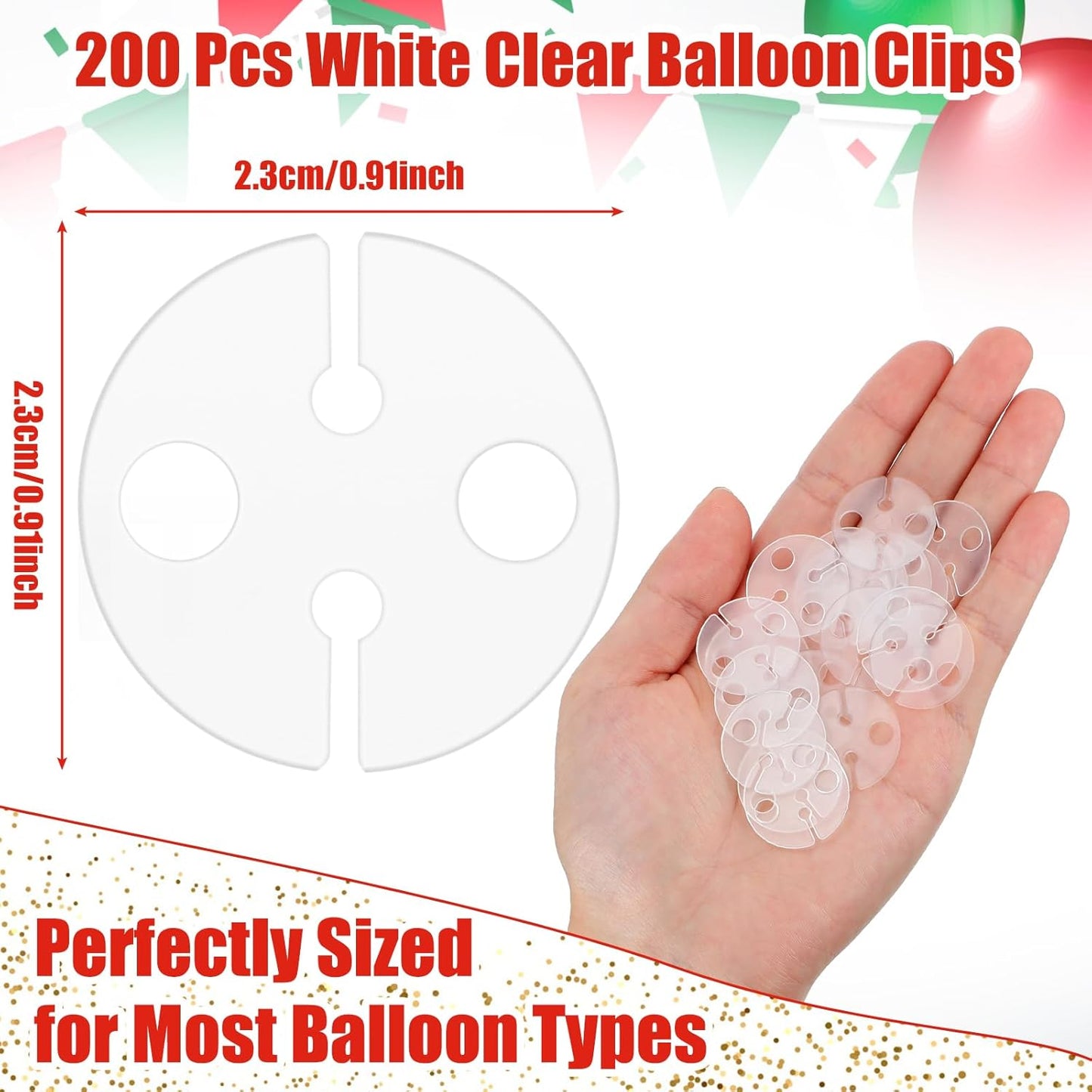 Kigley 200 Pcs White Clear Balloon Clips for Sealing Plastic Round Tie Tool, Fasteners for Quick Knotting, Wedding Party Birthday Christmas Arch Accessories, 23 x 2 mm
