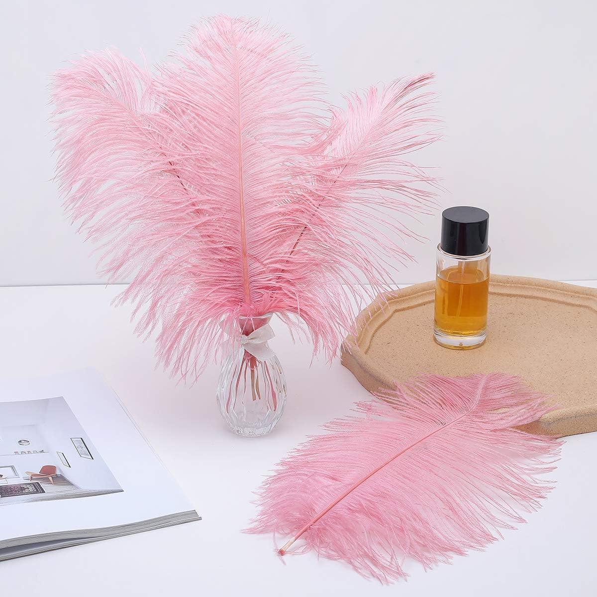 24pcs Natural Lotus Pink Ostrich Feathers 10-12inch (25-30cm) for Wedding Party Centerpieces，Flower Arrangement and Home Decoration.