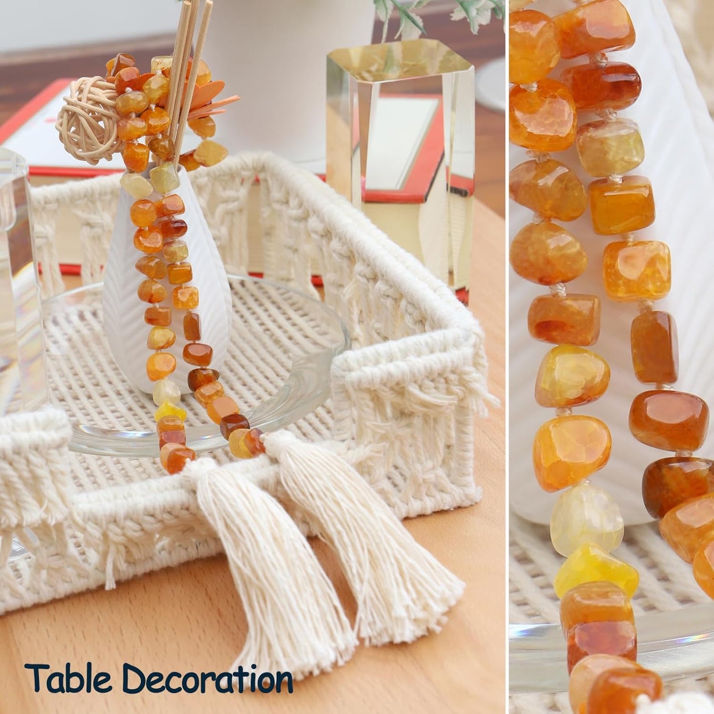 Agate Stone Hand Knotted Garland Modern Farmhouse Rustic Table Home Decor, 30inch Meditation Accessories with Tassel, Prayer Healing Beads Boho Wall Shelf Hanging Decoration (Orange)