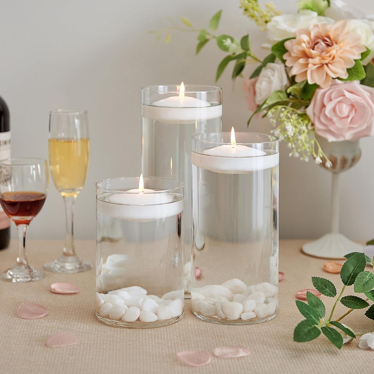 Set of 24， 3-inch Floating Candles, White Smoke-Free and odorless, Burning continuously for 8-9 Hours, Suitable for Valentine's Day, Weddings, Holidays, Home Decoration