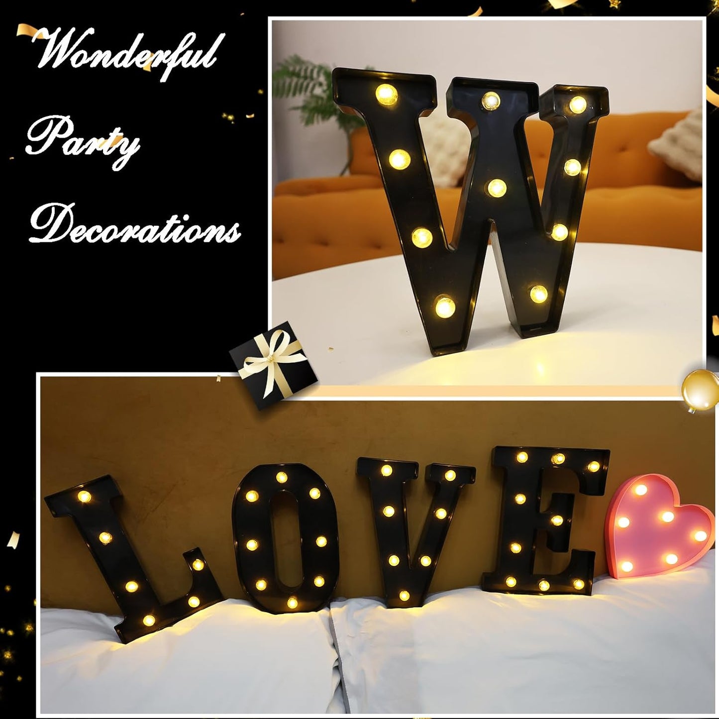 Led Marquee Letters, 8.58 Inch Black Light Up Letters, Small Led Letter Lights, Battery Powered Lighted Letterfor Table, Party, Birthday, Christmas Decor (Black, Letter W)
