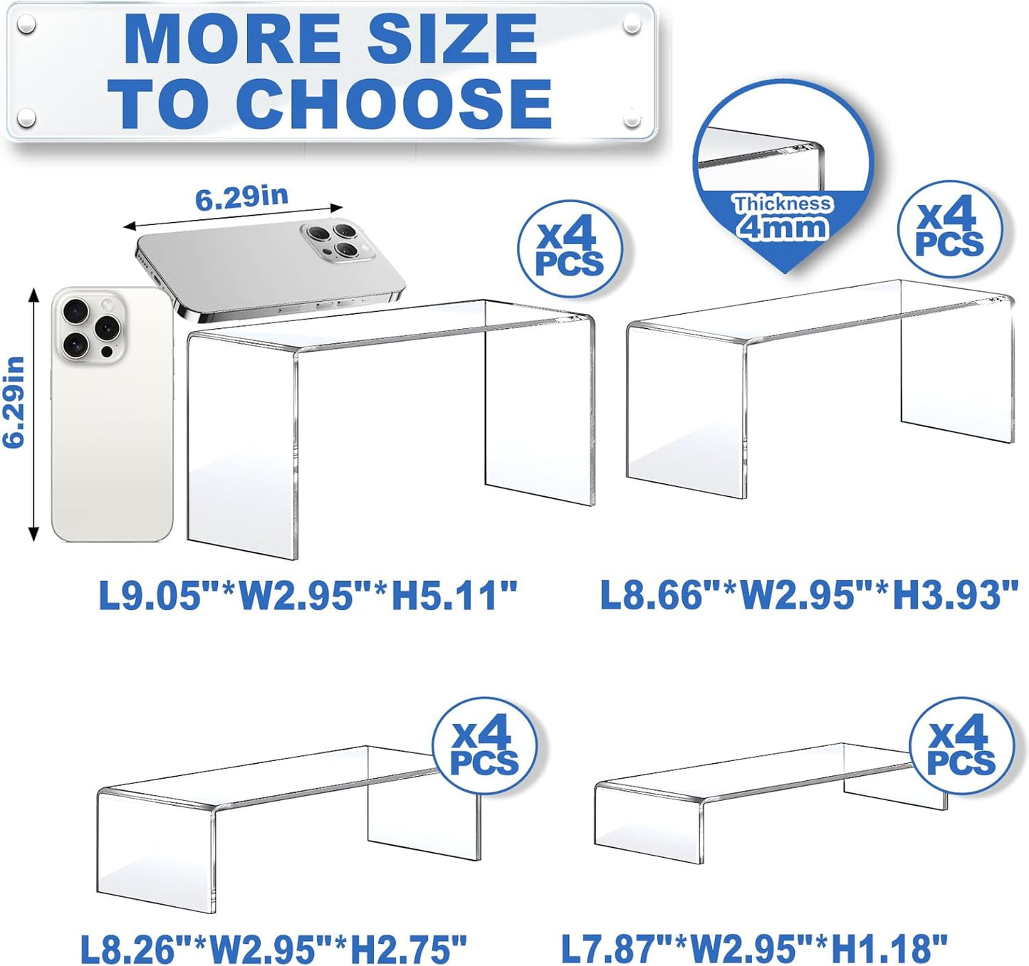 Aheroi Display Risers, 16 Pcs 4 Set(7”L~8”L~9”L) Acrylic Riser Display Shelf, Clear Risers Display Stands, Rectangular Acrylic Risers for Decor Display, Cupcake Candy Shoe Showcase Stands