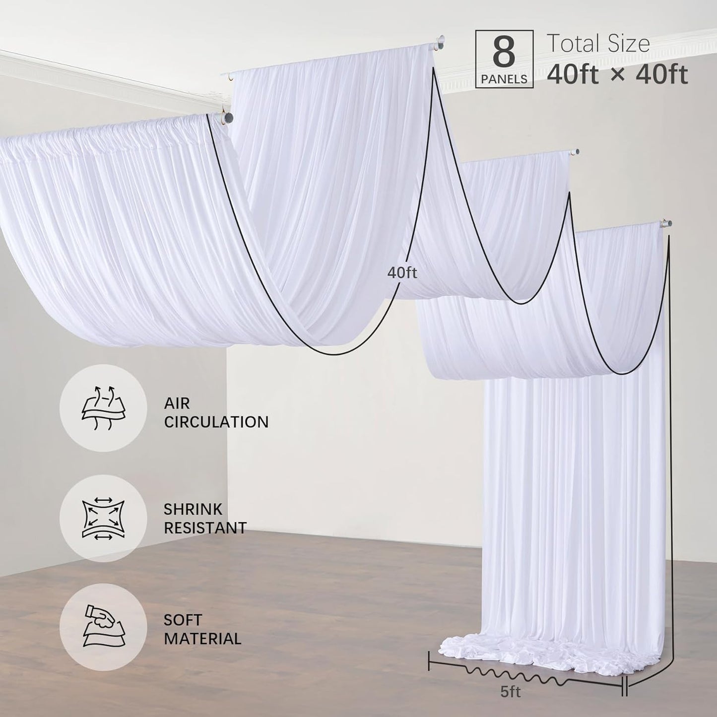 PartyVillage 40ftx40ft White Ceiling Curtain for Wedding Parties – 8 Panels Wrinkle-Free 40 FT Long Tent Draping Curtains for Wedding, Birthday & Theme Parties, 40ft Height with Rod Pocket