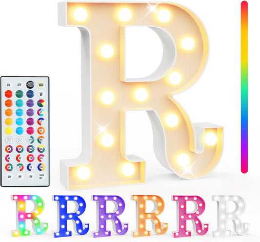 Pooqla Colorful Light Up Letters with Remote, Upgraded 35 Colors LED Marquee Letters, RGB Lighted Letter for Girls Teenager Gift, Birthday, Party, Wedding, Night Light, Room, Bedroom Decor, Letter R