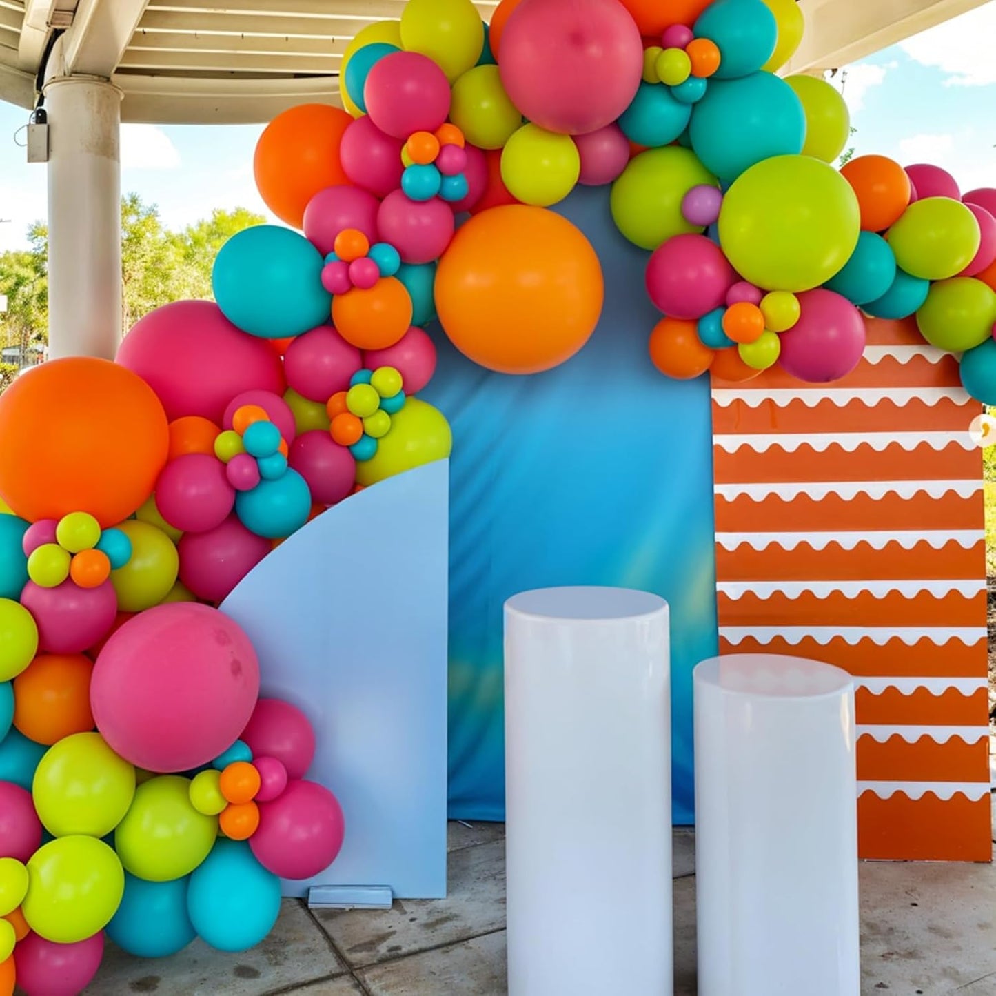 Tropical Balloons, 12 Inch Teal Metallic Gold Orange Pink Hot Fruit Green Balloons with Palm Leaves for Aloha Luau Pool Party Hawaiian Baby Shower Summer Birthday Party Decorations