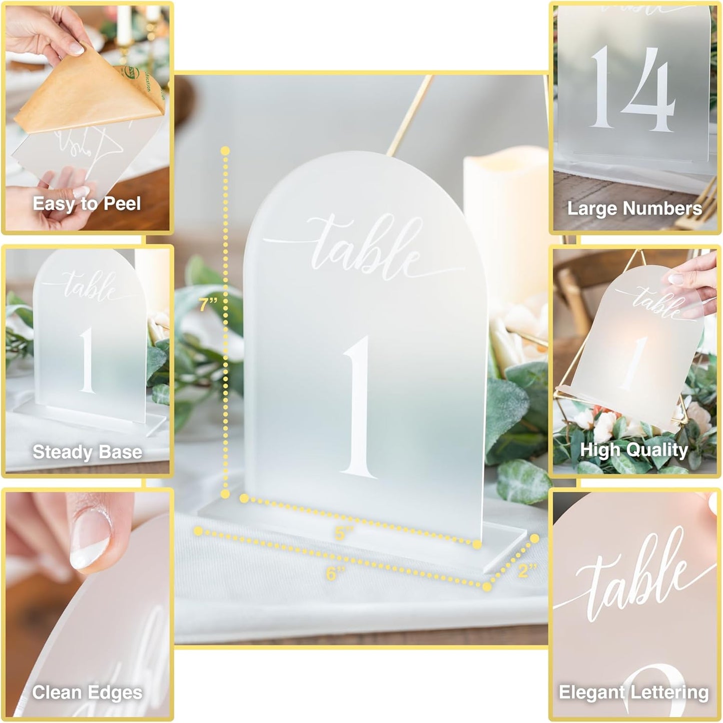 Frosted Arch Acrylic Table Numbers for Wedding Reception - 5" x 7" White Font Centerpiece Set with Holder Stands & Head Table Sign - Anniversary, Event, Party, Wedding set 1-15