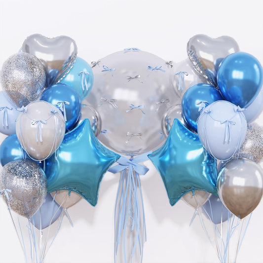 Blue and Silver Balloons Heart Star Mylar Balloons, Happy Birthday Decorations for Men Women, Metallic Light Baby Blue Silver Balloon 18 in Clear Confetti Heart Star Shape Foil Balloon as Party Decor