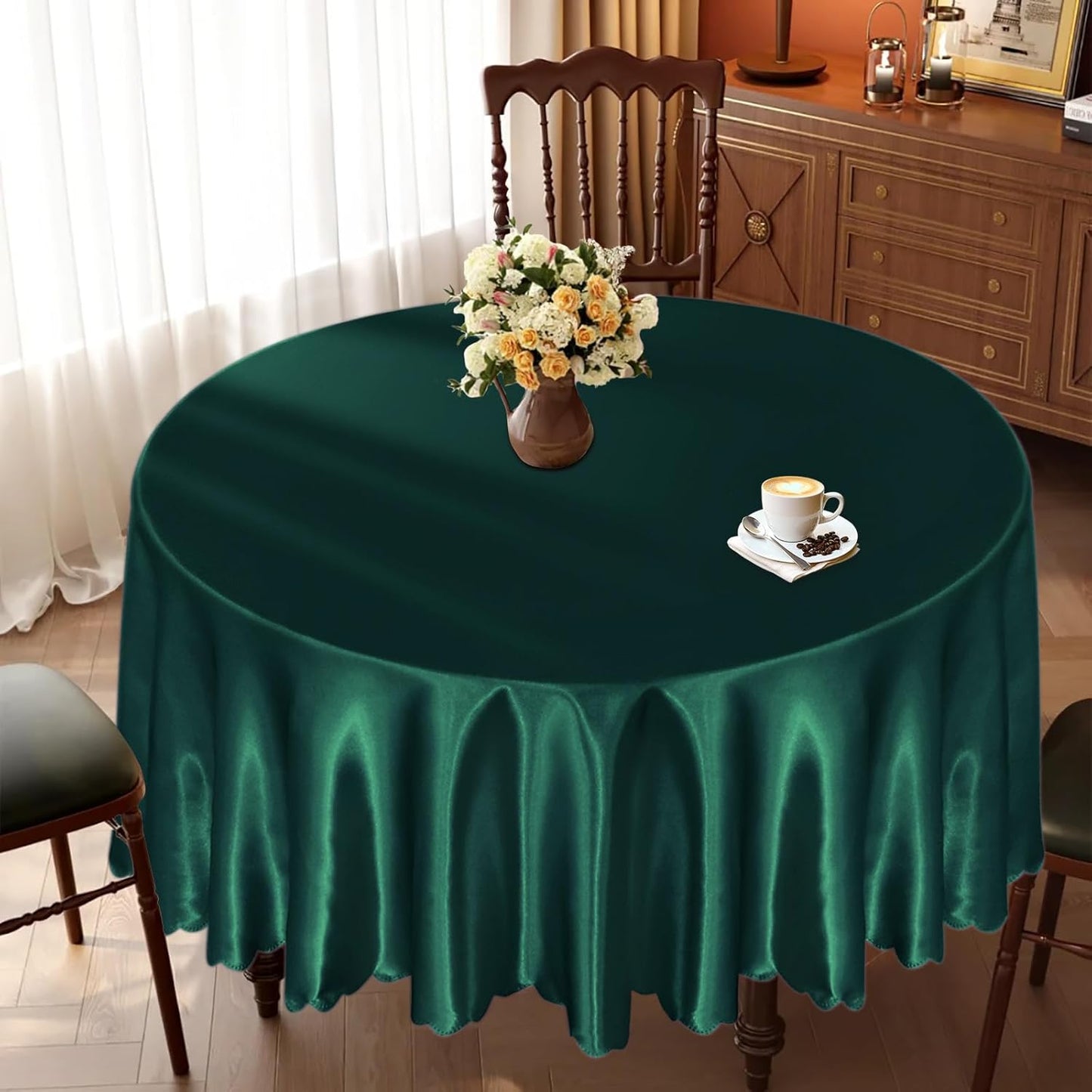 KKJIAF 1 Pack 60 Inch / 5ft Round Table Cloth, Hunter Green Overlay Round Satin Table Cover, Silky Satin Dining Tablecloths for Wedding Buffet Parties Banquet Decoration