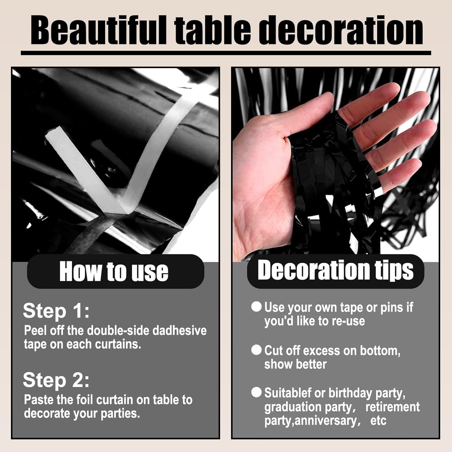 3 Pack 29 x108 Inch Black Foil Fringe Table Skirts Metallic Banner for Tinsel Streamer Garland Backdrop for Parade Floats Wedding Thanksgiving Birthday Christmas Halloween New Year Party Decoration