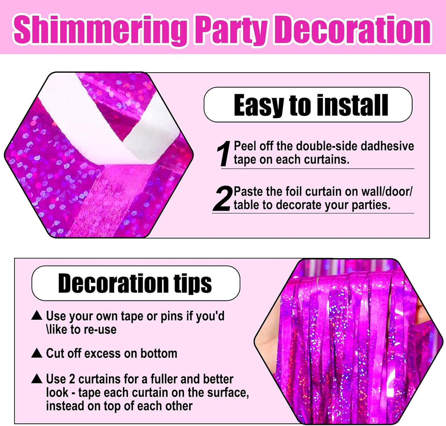 3 Pack Rose Red Foil Fringe Curtain Backdrop, 3.28Ft x 8.2Ft Metallic Tinsel Foil Fringe Streamer Curtains for Photo Booth, Mother's Day, Easter, Birthday, Wedding Party Decorations