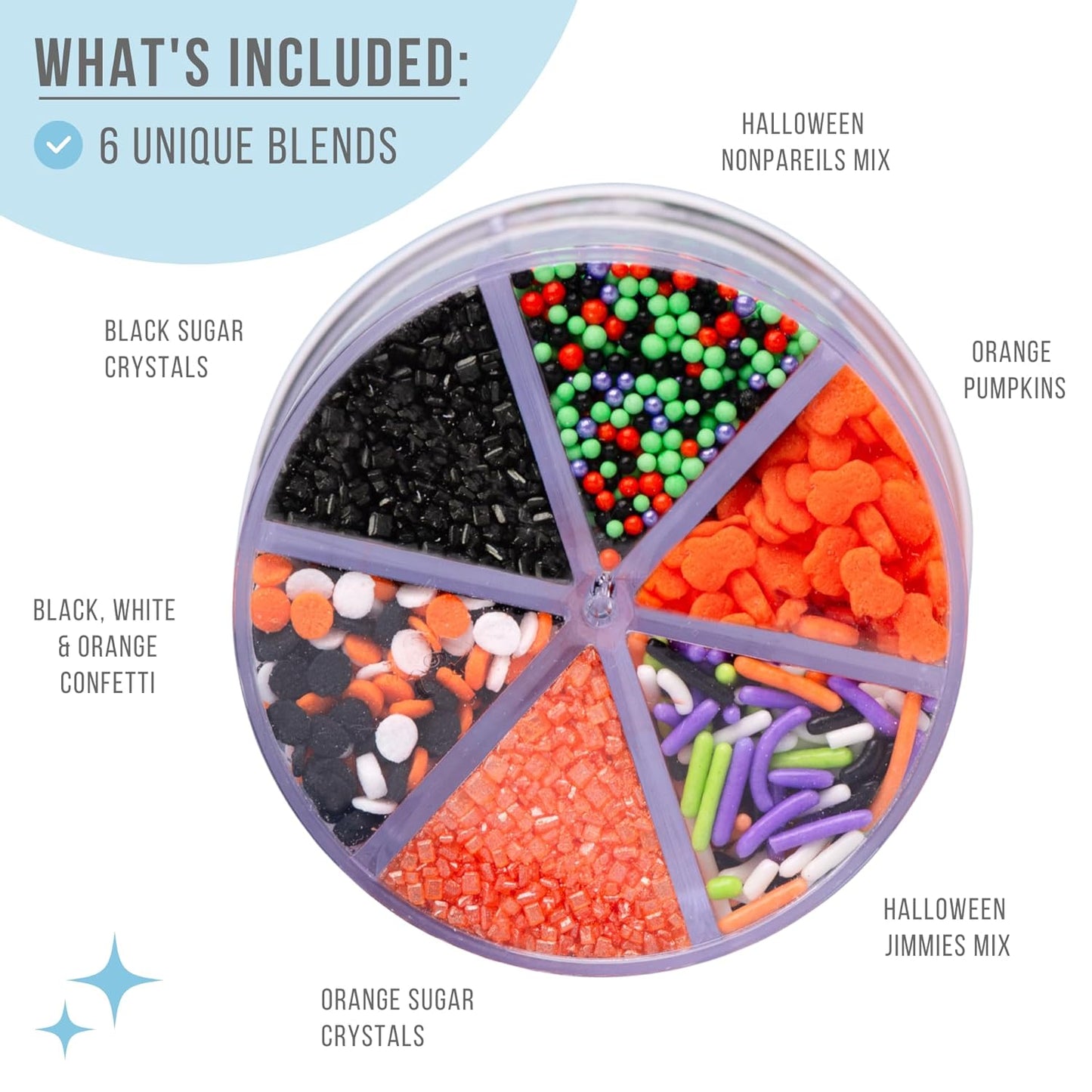 Sweets Indeed Halloween 6-Cell Sprinkle Jar – 6 Variety Sprinkle Compartments | Edible Cake Decorations for Cupcakes, Cookies, Cakes & Desserts | 6.45 oz