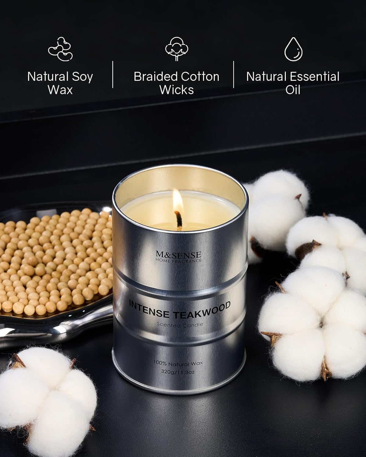 M&SENSE Scented Candle, Teakwood Medium Jar Candle Gifts for Men, 70 Hours Slow Burning Natural Soy Candles 11.3oz, Stress Relief Aromatherapy Candles Home Decor, Valentines Day Gifts for Him