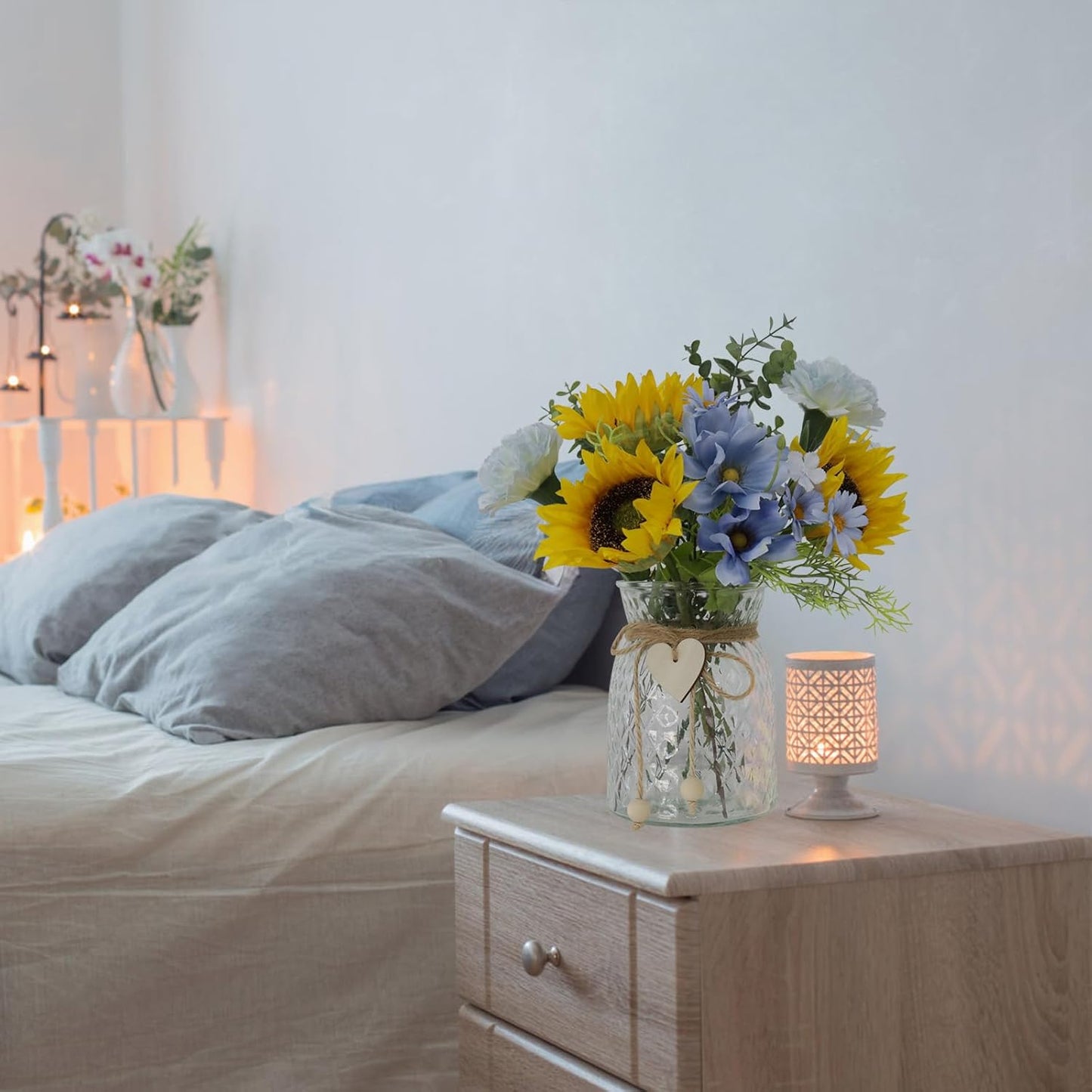 Leftover Faux Flowers in vase,Table centerpieces for Dining Room,Blue-Yellow Sunflower Flower centerpieces for Tables