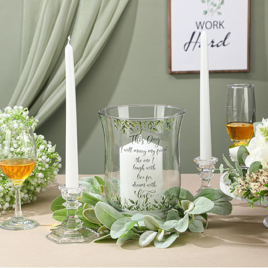 Irenare Unity Candles with Holder for Wedding Ceremony Wedding Decortions Accessories Glass Candle Holder Pillar Candle for Formal Events Church(Green Leaf)