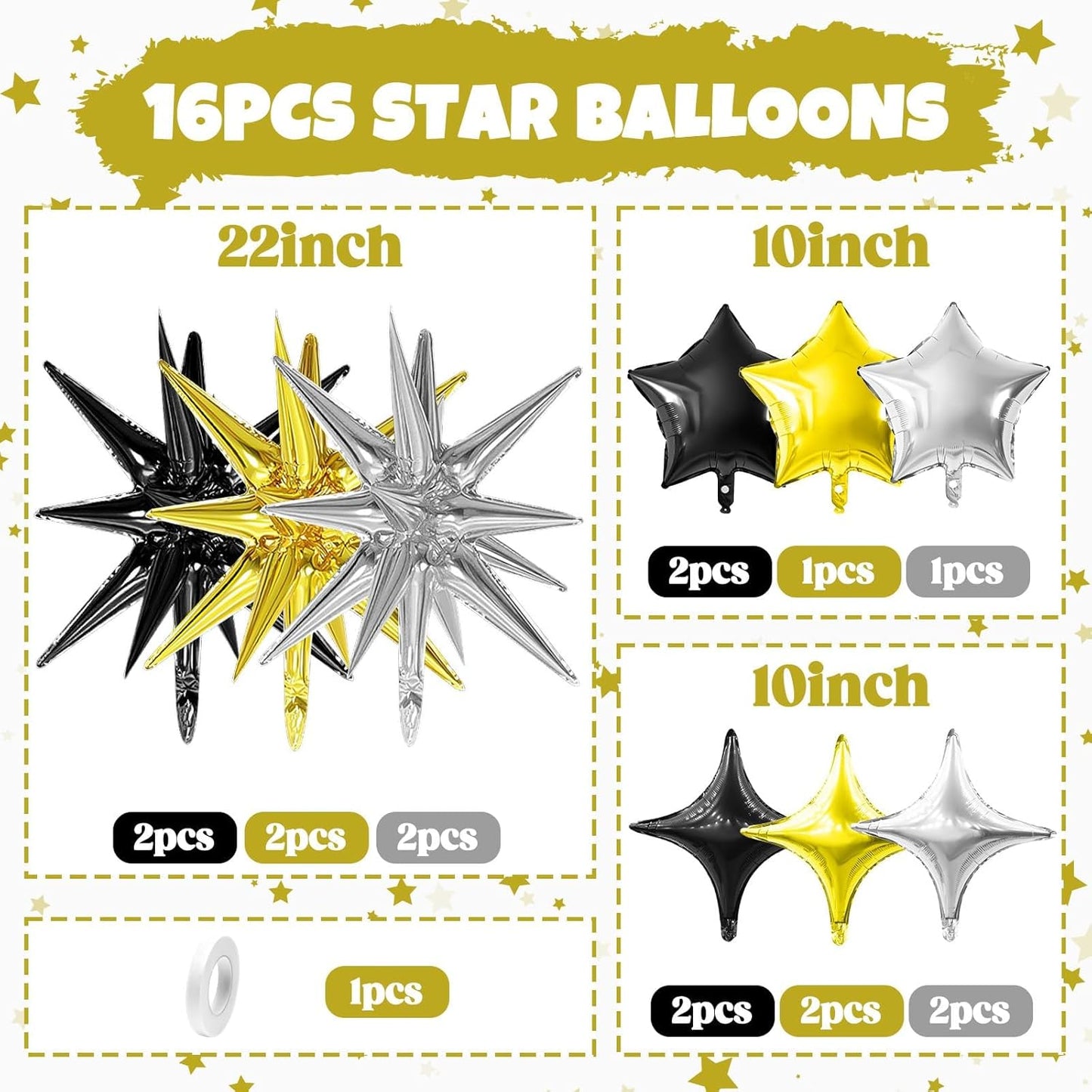 Black Gold Silver Star Balloon,16Pcs Star Foil Balloons Set with 22Inch Explosion Spike Cone Balloons and 10Inch Quadrangle Helium Balloon for Birthday Wedding Baby Shower Party Decorations