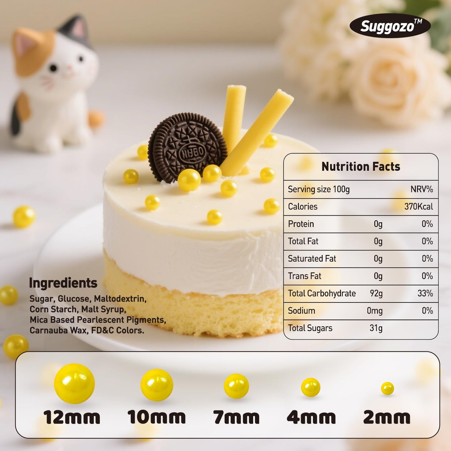 Yellow Pearl Sprinkles, Edible Sugar Pearls for Cake Decorating, 180g/6.35oz, Mix Size, Cake Decorations, Cupcake Toppers, Ice Cream Toppings, Wedding Party Supplies