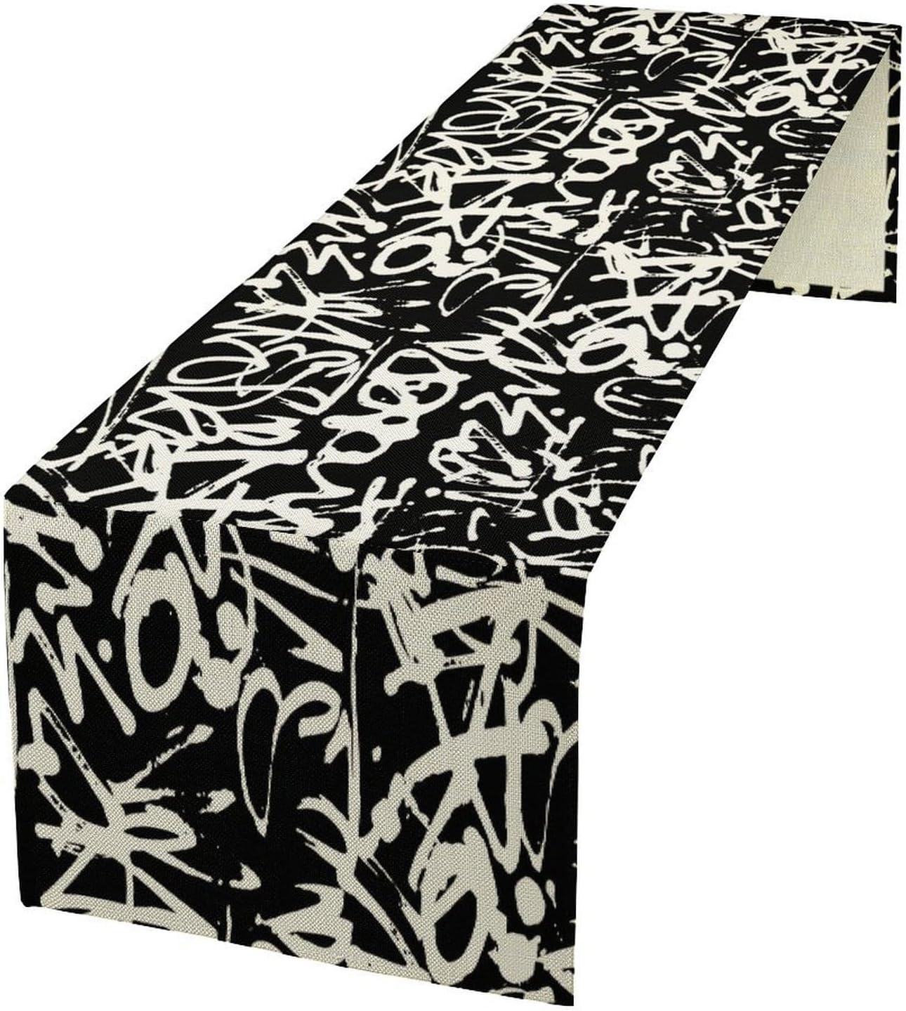 Graffiti Table Runner,Black White Abstract Messy Art Theme Pattern Print Tablecloth Burlap for Hotel Indoors Outdoor Dining Room Kitchen Home Decor,W13X L36 in