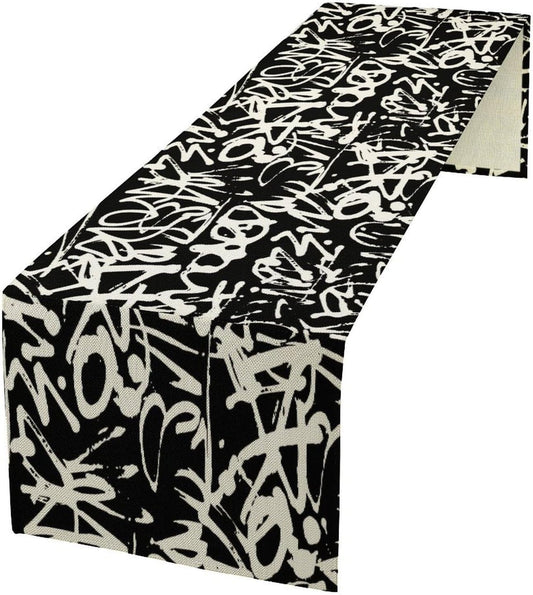 Graffiti Table Runner,Black White Abstract Messy Art Theme Pattern Print Tablecloth Burlap for Hotel Indoors Outdoor Dining Room Kitchen Home Decor,W13X L36 in