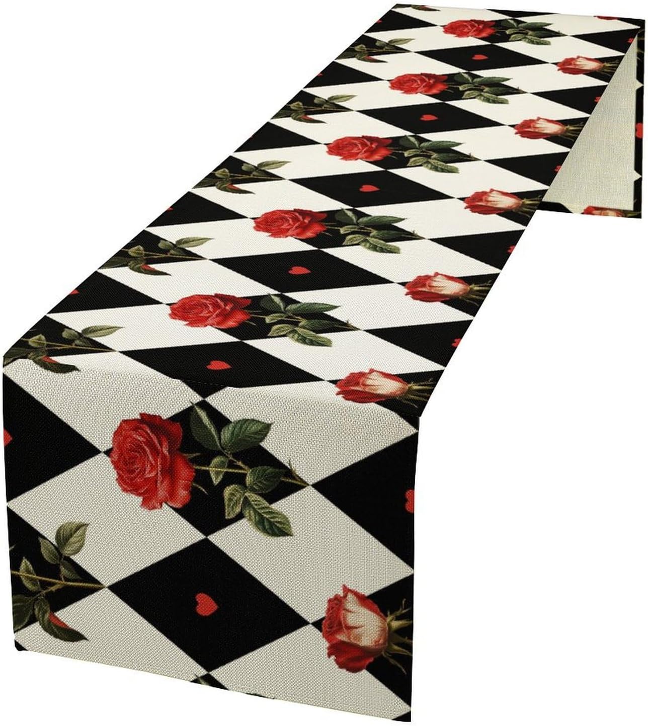 Vintage Rose Table Runner, Red Rose Hearts Black White Checkered Background Table Runner for Kitchen Dinning Table Runner Decor Home Wedding Party Holiday, 13x60 Inch