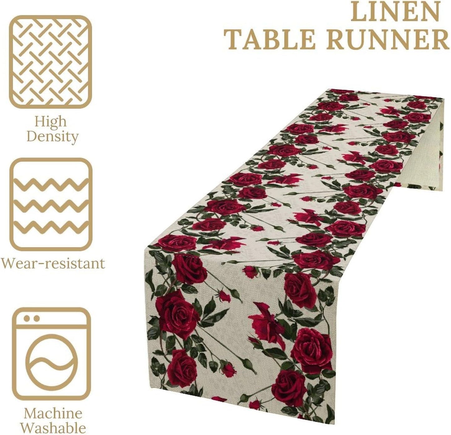 Rose Table Runner, Retro Red Rose Flowers Green Leaves Valentine's Day Kitchen Dinning Table Runner for Indoor Outdoor Home Wedding Party Holiday, 13x90 Inch