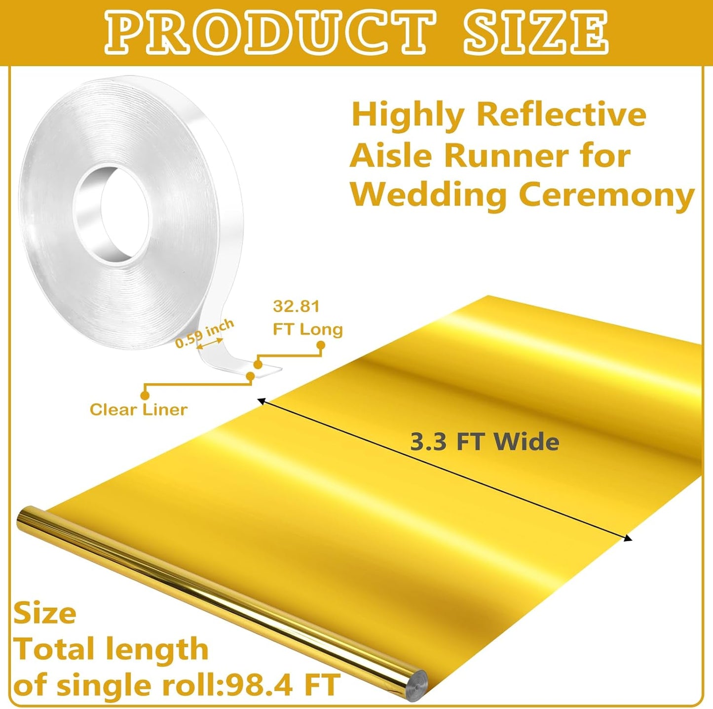 3.3 x 98.4 ft Mirror Rug Aisle Runner for Wedding Ceremony Double Sided Reflective Carpet Aisle Runner Walkway Rug Roll for Outdoor Birthday Graduation Party Decor(Gold)