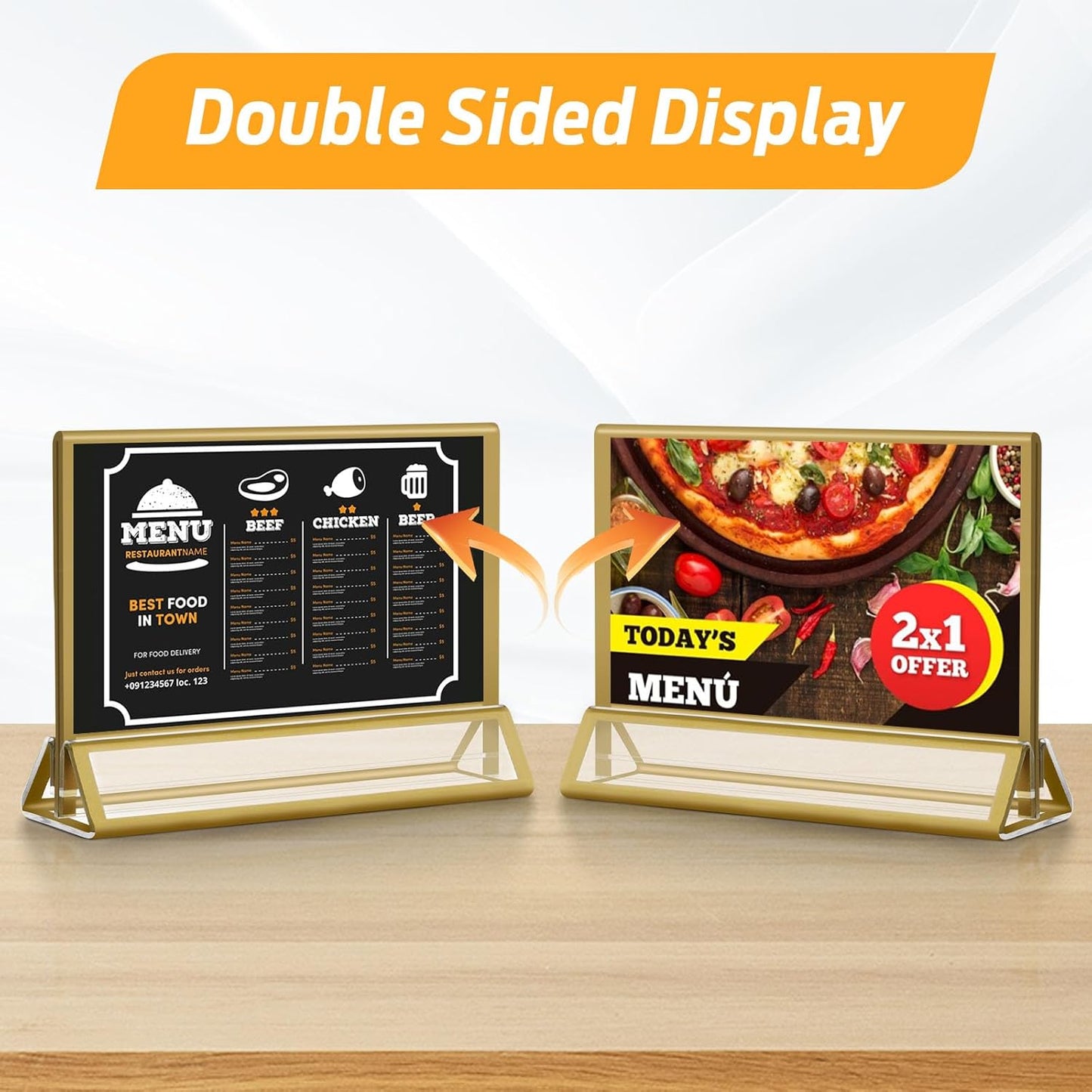 Smarpau 7x5 Gold Acrylic Sign Holder, 8 Pack Double Sided Holders Menu Holder for Wedding Party, Picture Frames Stands, Flyer Stand, Paper Display Stand Table Number Holders for Cafe, Restaurant