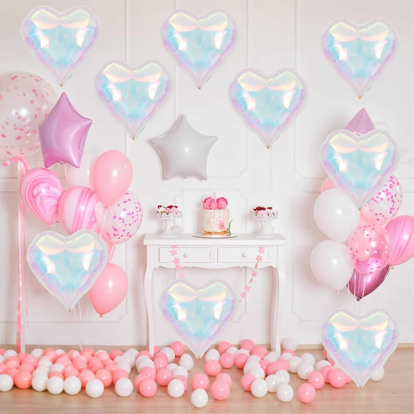 Iridescent Heart Balloons,12Pcs 18Inch Iridescent Heart Shaped Foil Helium Polyester Film Balloons for Baby Shower Birthday Anniversary Wedding Engagement Disco Party Decorations
