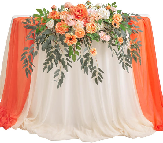 TINGE TIME Artificial Sweetheart Flower Swag with Table Cloth and Table Runner, Pack of 3 Floral Arrangement for Wedding Sweetheart Table Centerpiece Decoration (CoralPink&Champagne)